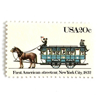 This is a blue stamps by Heritage Post House called "first american, 1832" new york city postage stamps | john mason streetcar | unused usps postage 20c | pack of 10 in standard
