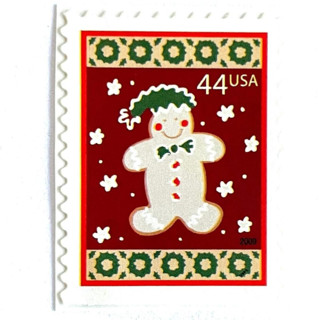 This is a red stamps by Jennifer Kramer called winter holidays “gingerbread man” postage stamps | contemporary christmas series | vintage unused usps postage 44c | pack of 10 in standard