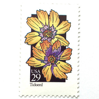 This is a yellow stamps by Heritage Post House called tickseed postage stamps | american wildflower series | yellow flower | botanical | vintage unused usps postage 29c | pack of 10 in standard