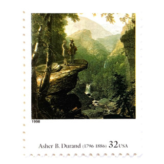 This is a green stamps by Jennifer Kramer called asher b. durand's "kindred spirits" postage stamps | four centuries of american art series | vintage unused usps postage 32c | pack of 10 in standard