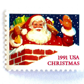 This is a red stamps by Heritage Post House called santa in chimney postage stamps | contemporary christmas series | christmas stamps | vintage unused usps postage 29c | pack of 20 in standard