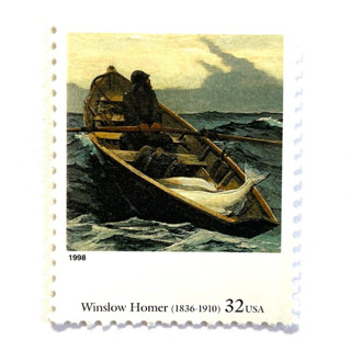 This is a multicolor stamps by Jennifer Kramer called winslow homer's "the fog warning" postage stamps | four centuries of american art series | vintage unused usps postage 32c | pack of 10 in standard