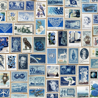 This is a blue stamps by Kristen Melchor called 82 cents . blue vintage postage stamp variety pack . set of 5 in standard