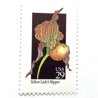 This is a yellow stamps by Heritage Post House called yellow lady's slipper postage stamps | american wildflower series | yellow flower | botanical | vintage unused usps postage 29c | pack of 10 in standard