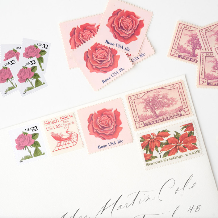 MIN-VCK-MXS - Pink Roses and Red Poinsettias Holiday Postage Set // Set of 5 // UNUSED // Christmas