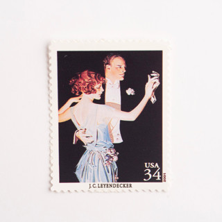 This is a black stamps by Flourish Fine Writing called 32 cent j.c. leyendecker "arrow collar man" postage stamps // set of 5 // unused vintage stamps in standard