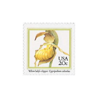 This is a yellow stamps by Flourish Fine Writing called 20 cent yellow lady's slipper orchid postage stamps // set of 10 // unused vintage stamps in standard