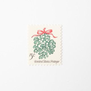 This is a green stamps by Flourish Fine Writing called 5 cent christmas mistletoe stamps // set of 10 // unused vintage stamps in standard