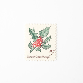 This is a green stamps by Flourish Fine Writing called 5 cent christmas holly postage stamps // set of 10 // unused vintage postage in standard