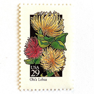 This is a yellow stamps by Heritage Post House called ohi'a lehua postage stamps | american wildflower series | yellow red flower | hawaiian botanical | vintage unused usps postage 29c | pack of 10 in standard