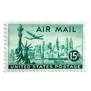 This is a green stamps by Heritage Post House called "new york skyline & statue of liberty" air mail postage stamps | unused usps postage 15c | pack of 10 in standard