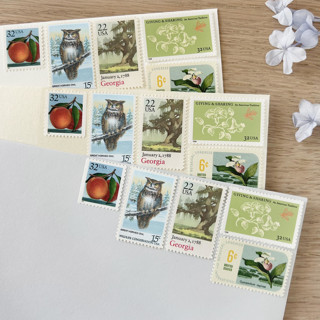 This is a green stamps by Kristen Melchor called $1.07 cents . georgia vintage postage stamps . set of 5 in standard