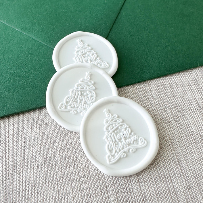 White "Merry Christmas" Tree Calligraphy wax seal sticker | Set of 10
