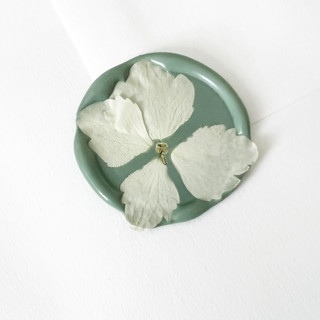 This is a green wax seals by Caitlin Home called white hydrangea in sage wax seal | pack of 10 in standard