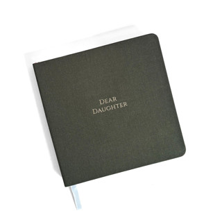 This is a green journals by Jessica Cunningham called dear daughter foil embossed square linen notebook | gold on olive in standard