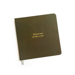 This is a green journals by Jessica Cunningham called custom text foil embossed square linen notebook | gold foil on olive linen in standard