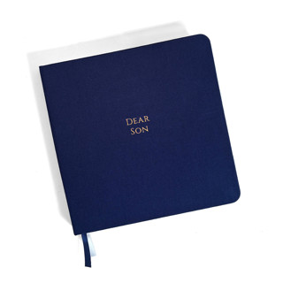 This is a blue journals by Jessica Cunningham called dear son foil embossed square linen notebook | gold on navy blue in standard