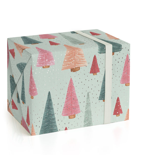 This is a green wrapping paper by Janet Hirata Stall called Bottle Brush Forest in standard.