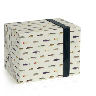 This is a ecru wrapping paper by Jessie Burch called vintage fishing lures in standard