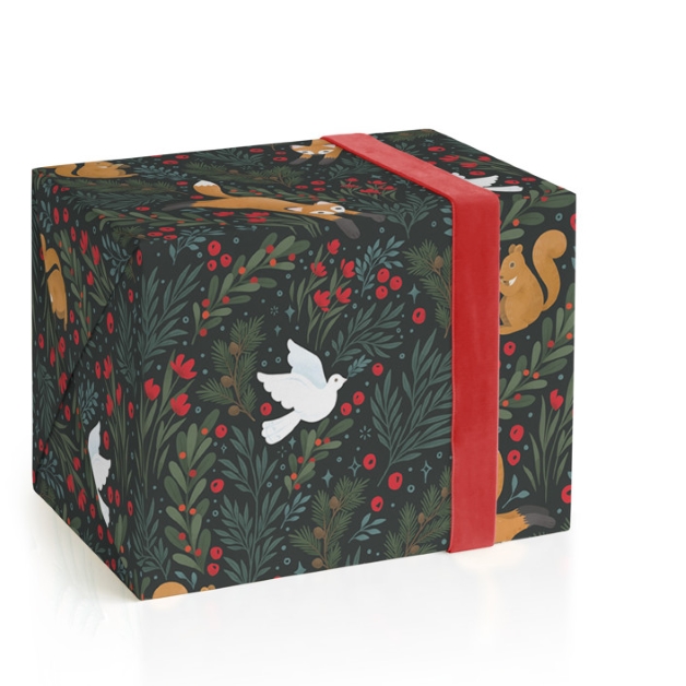 This is a charcoal wrapping paper by Shannon Chen of Four Wet Feet Studio called festive animals in standard