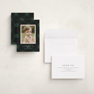 This is a pine holiday photo cards with standard by Olivia Kanaley Inman called balmoral green printing on signature in grand