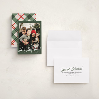 This is a forest holiday photo cards with standard by Karidy Walker called oh what fun script printing on recycled smooth signature in grand