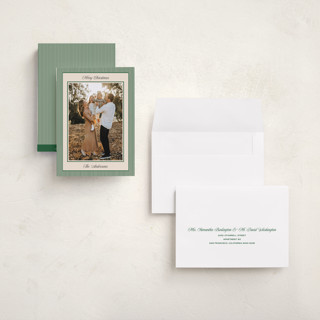 This is a pine holiday photo cards with standard by Annie Shapiro called little stripes printing on recycled smooth signature in grand