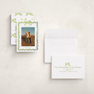 This is a sage holiday photo cards with standard by Cass Loh called watercolor ribbon frame printing on recycled smooth signature in grand