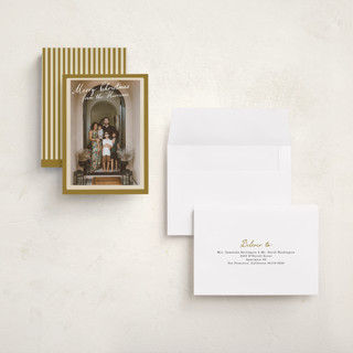 This is a vintage gold holiday photo cards with standard by Maja Cunningham called vintage photo card printing on signature in grand