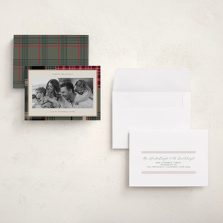 This is a rustic holiday photo cards with standard by Makewells called antiqued plaid printing on recycled smooth signature in grand