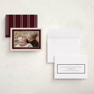 This is a maroon holiday photo cards with standard by Nicole Walsh called encompass printing on signature in grand