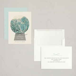 This is a wintergreen holiday photo cards with standard by Ani Somi called winter forest snow globe printing on signature in grand