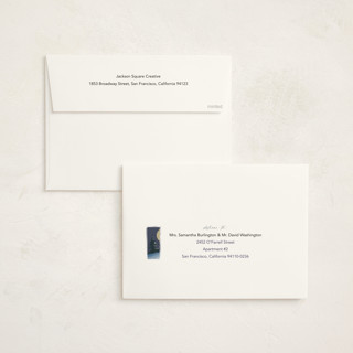 This is a navy holiday photo cards with standard by Eric Ransom called serene peace printing on signature in grand