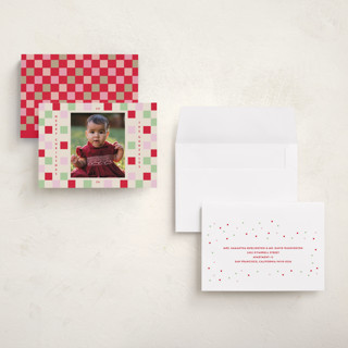 This is a cranberry holiday photo cards with standard by Katie Zimpel called happy checkers printing on signature in grand