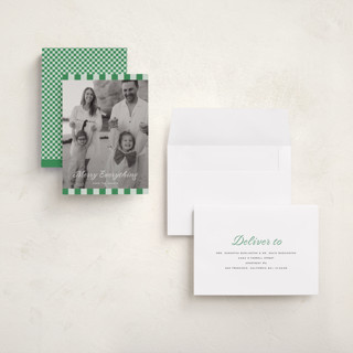 This is a sage holiday photo cards with standard by Sara Hicks Malone called cabana check printing on signature in grand