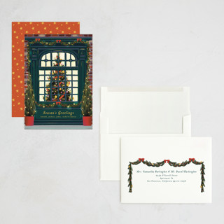 This is a dark turquoise holiday photo cards with standard by Becky Nimoy called christmas window printing on signature in grand