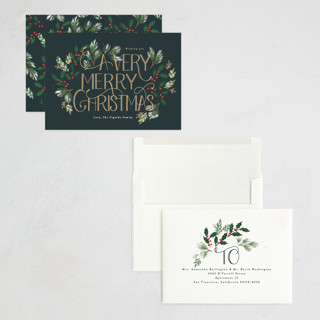 This is a wreath holiday photo cards with standard by Rebecca Durflinger called a very merry christmas botanicals printing on signature in grand