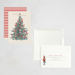 This is a caramel holiday photo cards with standard by Teju Reval called nutcracker tree printing on signature in grand