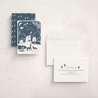 This is a night holiday photo cards with standard by Maja Cunningham called winter linocut printing on signature in grand