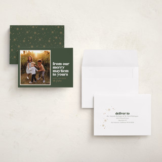 This is a pine holiday photo cards with standard by Robert and Stella called our merry mayhem printing on recycled smooth signature in grand
