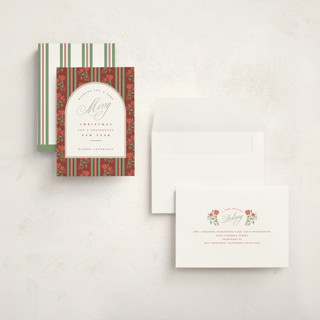 This is a cranberry holiday photo cards with standard by Susan Zinader called poinsettia stripe wallpaper printing on signature in grand