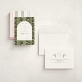 This is a winter rose holiday photo cards with standard by Susan Zinader called poinsettia stripe wallpaper printing on signature in grand