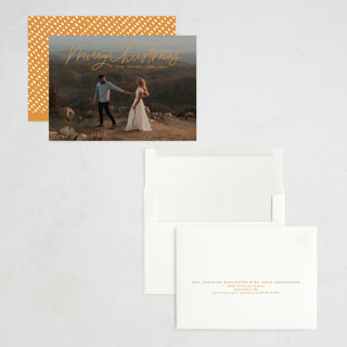 This is a gold ring holiday photo cards with standard by Kristen Magee called scripty christmas printing on recycled smooth signature in grand