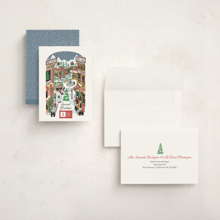 This is a cherry holiday photo cards with standard by Becky Nimoy called quaint town square printing on signature in grand