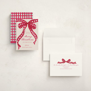 This is a cranberry holiday photo cards with standard by ForeverPrint called tartan bow printing on signature in grand