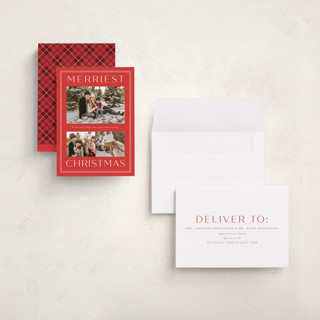 This is a cranberry holiday photo cards with standard by Sarah Brown called just the merriest printing on signature in grand