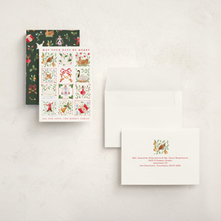 This is a cranberry holiday photo cards with standard by Sarah Knight called 12 days of christmas stamps printing on signature in grand
