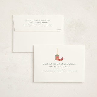 This is a champagne holiday photo cards with standard by Teju Reval called fun ornaments printing on signature in grand