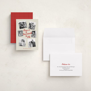 This is a berry holiday photo cards with standard by Louise Kay called peace and goodwill printing on recycled smooth signature in grand