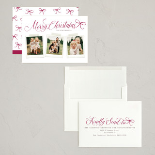 This is a wine holiday photo cards with standard by Hooray Creative called scripted red bow printing on recycled smooth signature in grand